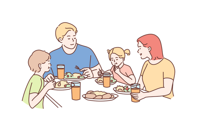 Familia cenando juntos  Ilustración