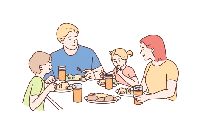 Familia cenando juntos  Ilustración