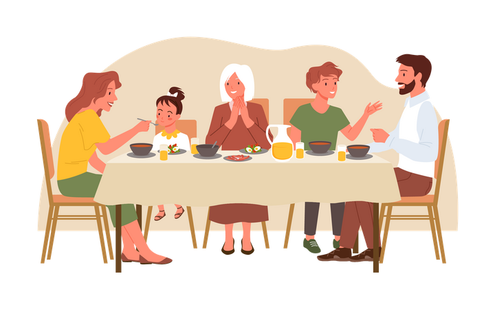 Familia cenando juntos  Ilustración