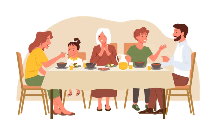 Familia cenando juntos  Ilustración