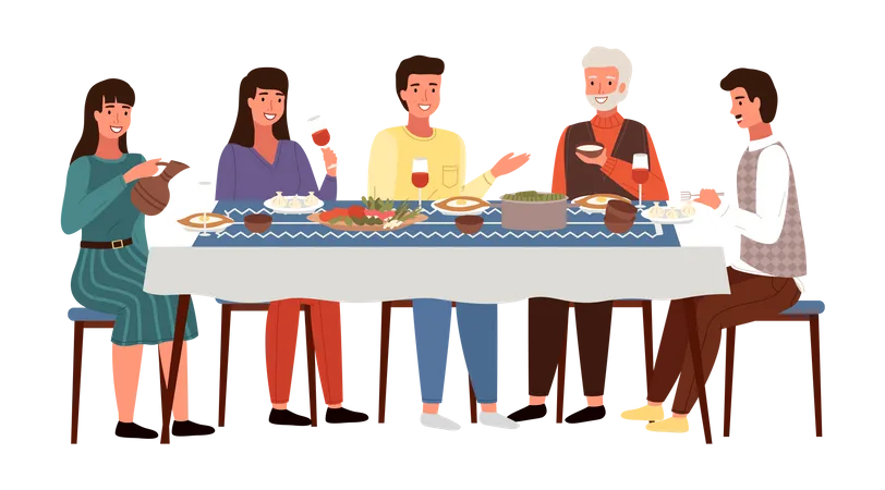 Familia cenando juntos en el comedor  Ilustración