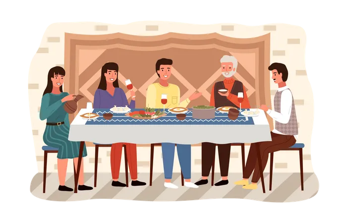 Familia cenando juntos en el comedor  Ilustración