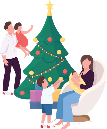 Familia cerca del árbol de Navidad en casa  Ilustración