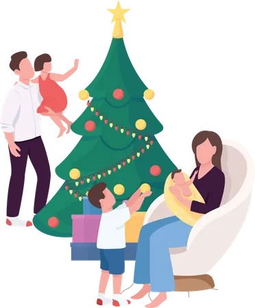 Familia cerca del árbol de Navidad en casa  Ilustración