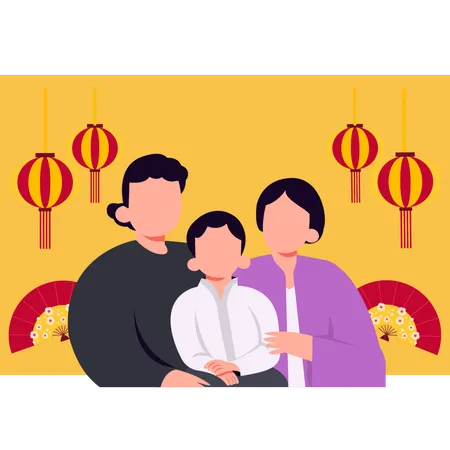 Familia china celebrando el año nuevo  Ilustración