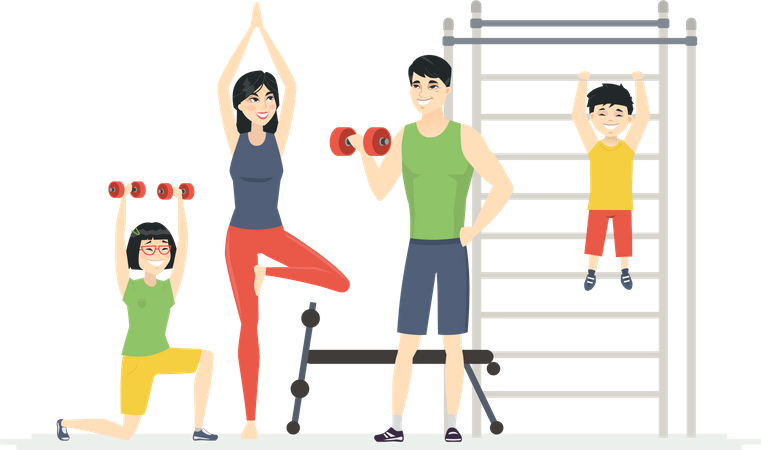 Familia china en el gimnasio.  Ilustración