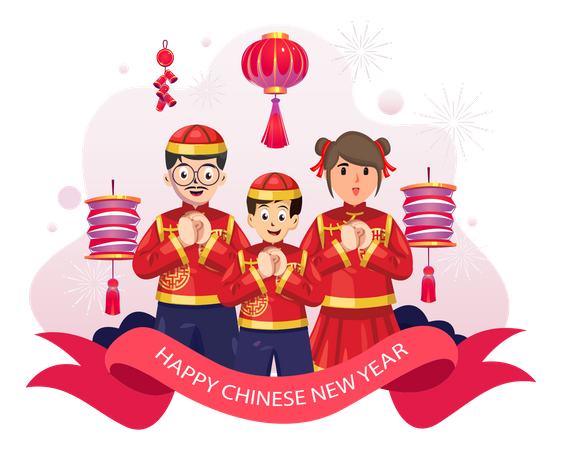 Familia china en traje tradicional haciendo etiqueta de saludo  Ilustración