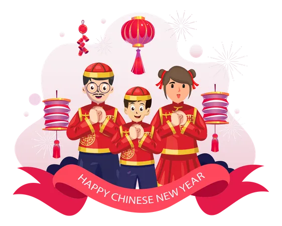 Familia china en traje tradicional haciendo etiqueta de saludo  Ilustración