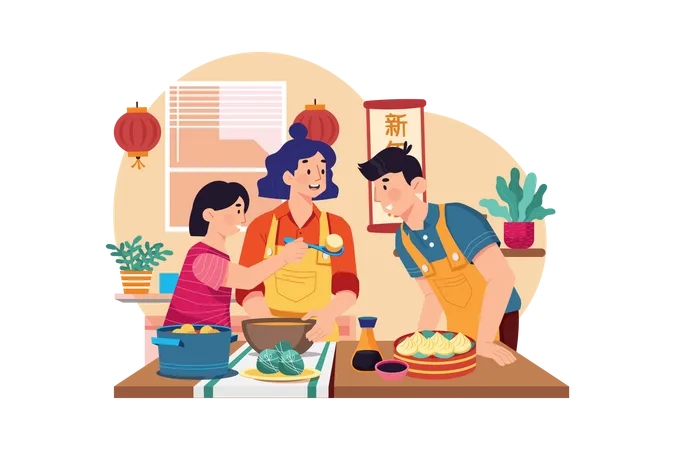 Familia china cenando  Ilustración