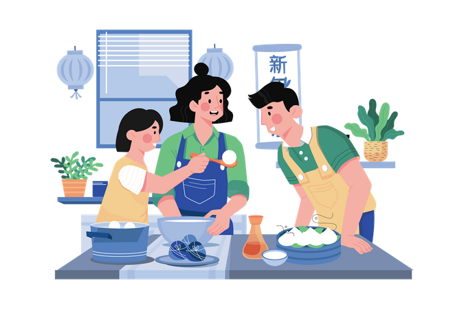Familia china cenando  Ilustración