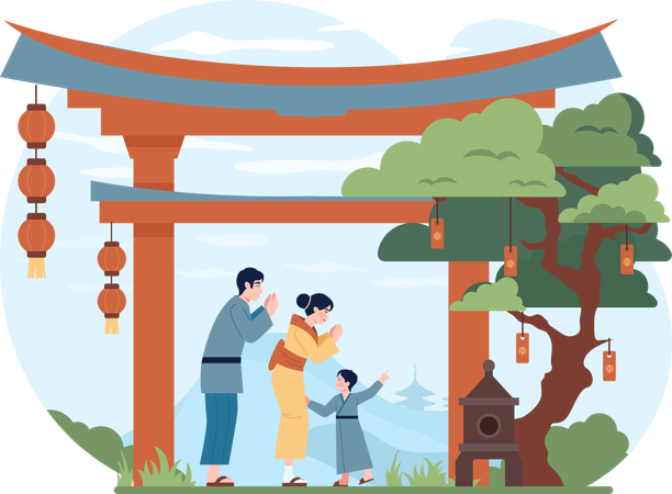 Familia china visita templo  Ilustración