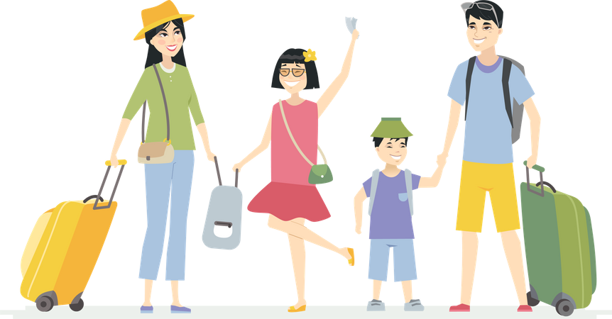 Familia china que se va de vacaciones  Ilustración