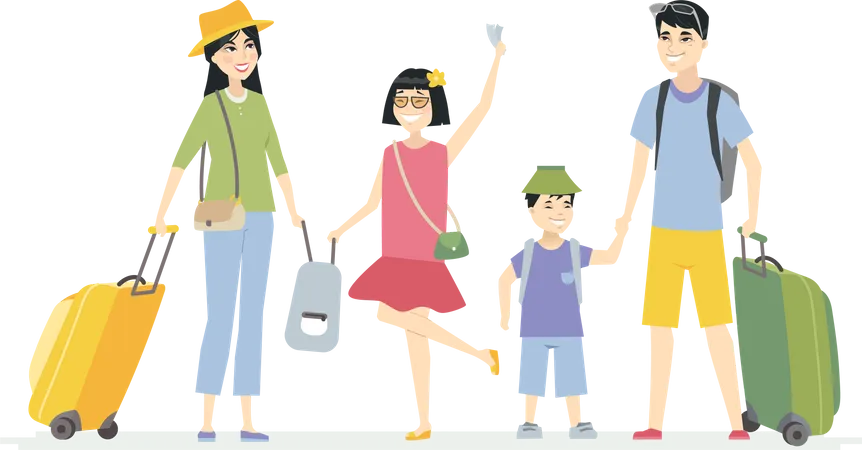 Familia china que se va de vacaciones  Ilustración