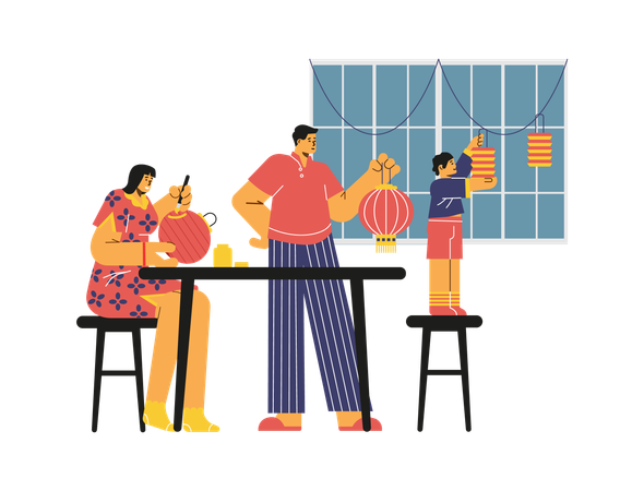 Família chinesa decora lanternas chinesas  Ilustração