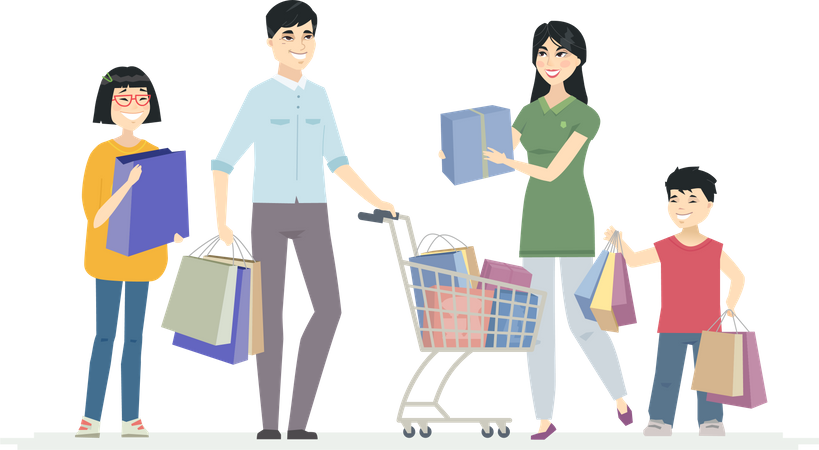Família chinesa feliz fazendo compras  Ilustração