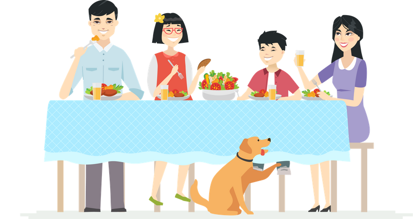 Família chinesa feliz jantando juntos  Ilustração