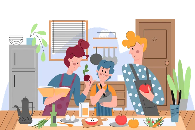 Familia cocinando juntos  Ilustración