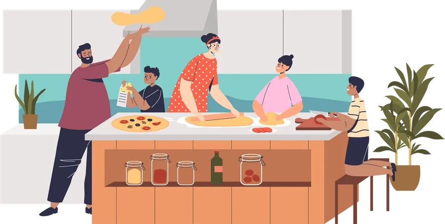 Familia cocinar pizza juntos en la cocina  Ilustración