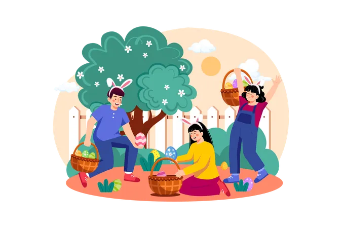 Família coletando ovos de Páscoa juntos  Ilustração