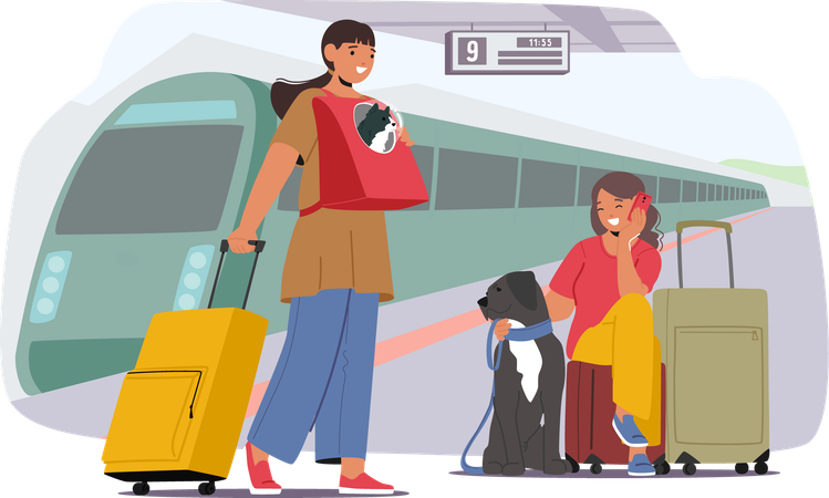 Família com animal de estimação na plataforma da estação de trem  Ilustração