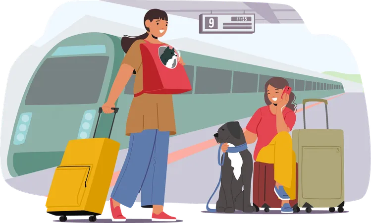 Família com animal de estimação na plataforma da estação de trem  Ilustração