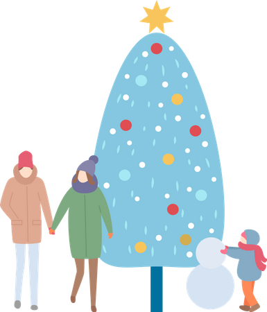 Família com árvore de Natal e boneco de neve  Ilustração