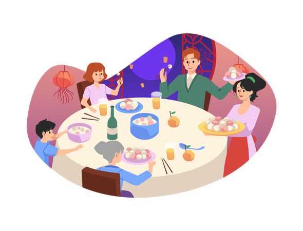 Família com crianças come bolinhos de arroz e celebra o festival das lanternas  Ilustração