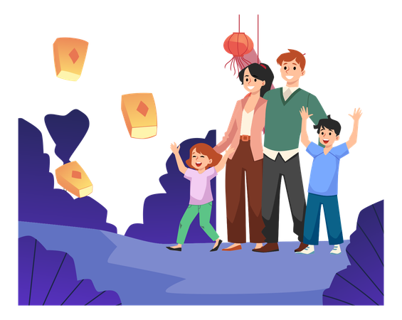 Família com crianças soltando lanternas de ar juntos  Ilustração