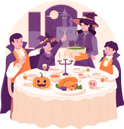 Família fantasiada jantando junta na noite de Halloween  Ilustração