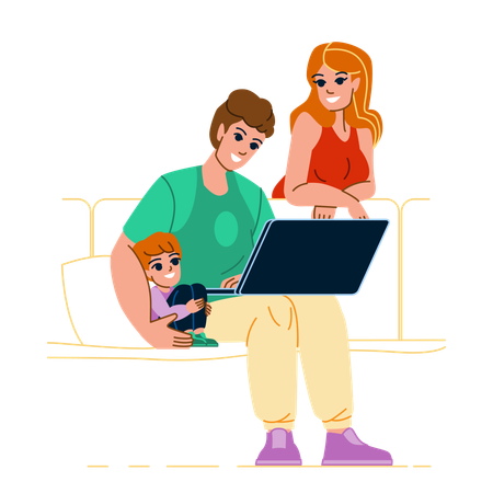 Família com laptop  Ilustração