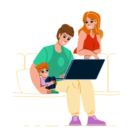 Família com laptop  Ilustração