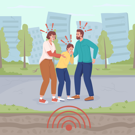 Família com medo de terremoto  Ilustração