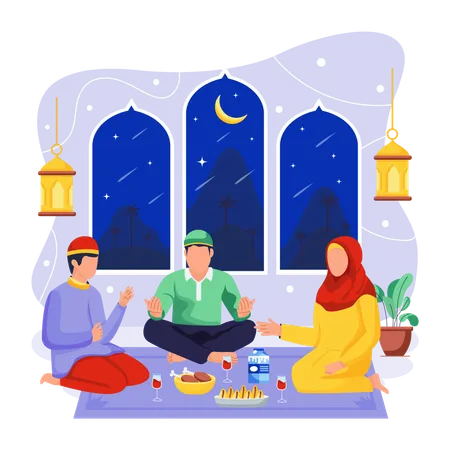 Família come comida no horário do Iftar  Ilustração