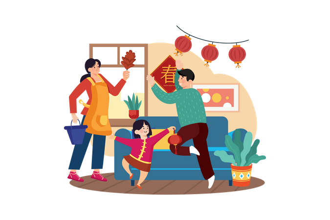 Família celebrando o Ano Novo Chinês  Ilustração