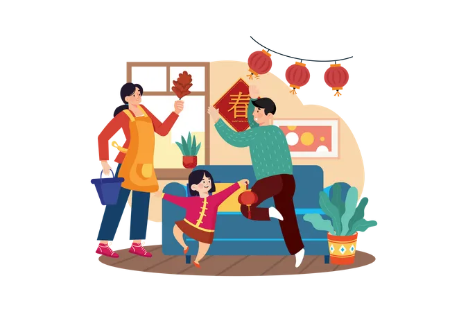 Família celebrando o Ano Novo Chinês  Ilustração