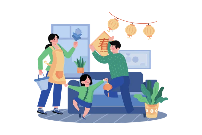 Família celebrando o Ano Novo Chinês  Ilustração