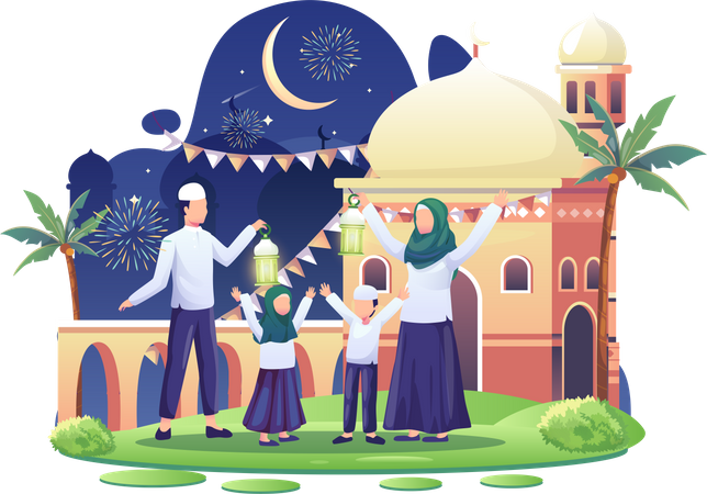 Família celebrando o ano novo islâmico no dia 1º de Muharram  Ilustração