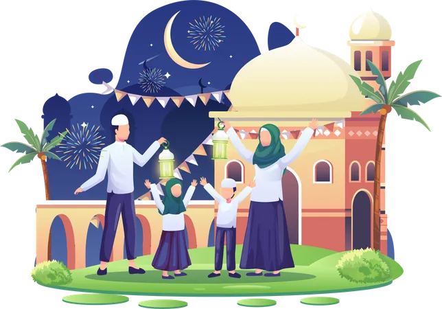 Familia Feliz Comemorando O Ano Novo Islamico No Dia 1 De Muharram Ilustracao Vetorial Plana Ilustração