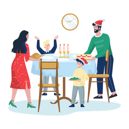 Família comemorando o Natal com corte de bolo  Ilustração