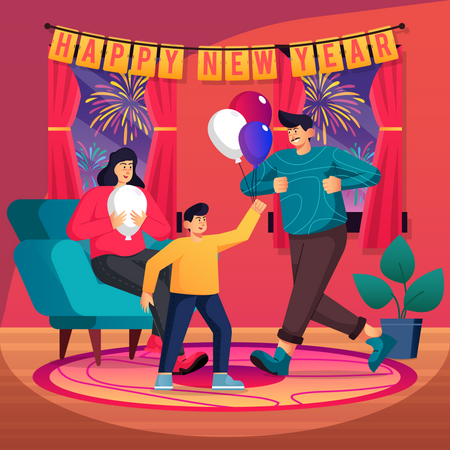 Família comemorando a véspera de ano novo juntos em casa  Ilustração