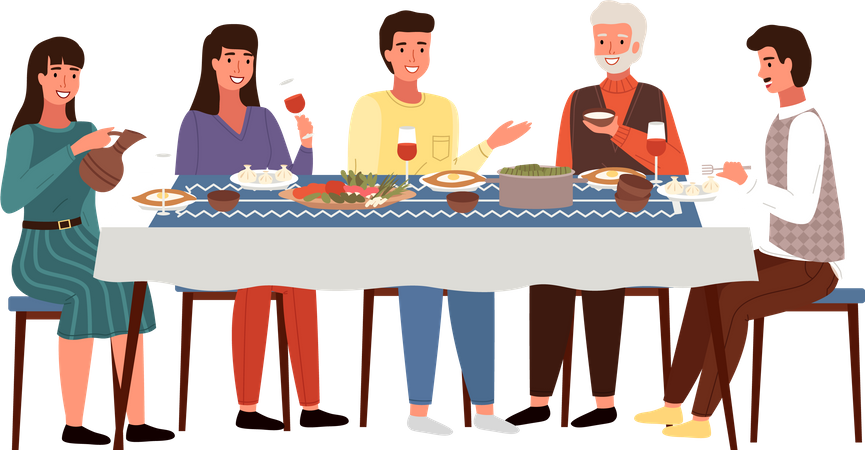 Família comendo comida georgiana juntos  Ilustração