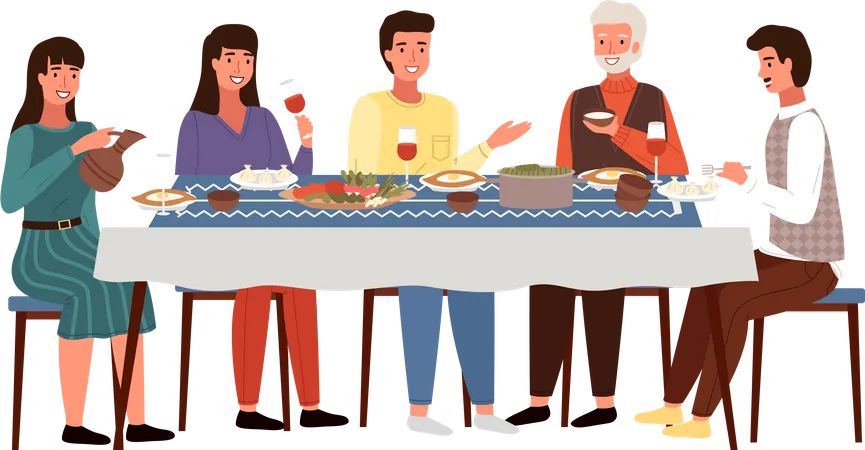 Família comendo comida georgiana juntos  Ilustração