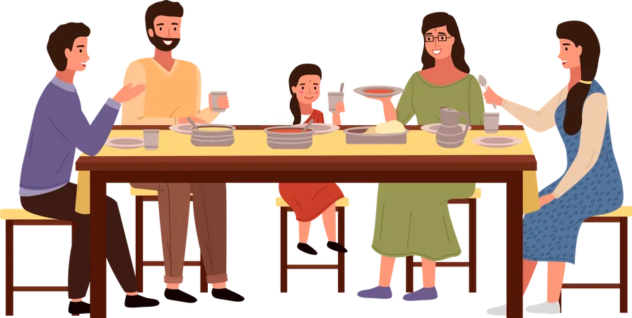 Família comendo comida indiana juntos na mesa  Ilustração
