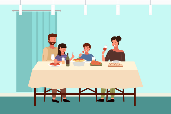 Família comendo comida italiana em casa  Ilustração