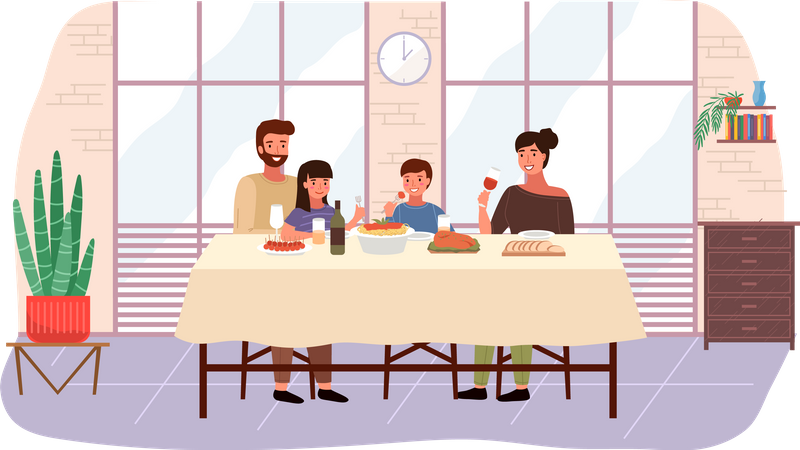 Família comendo comida italiana juntos  Ilustração