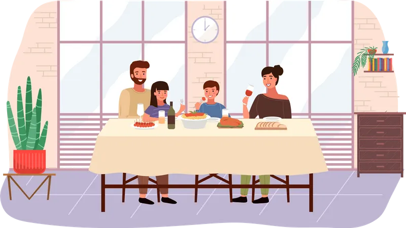 Família comendo comida italiana juntos  Ilustração