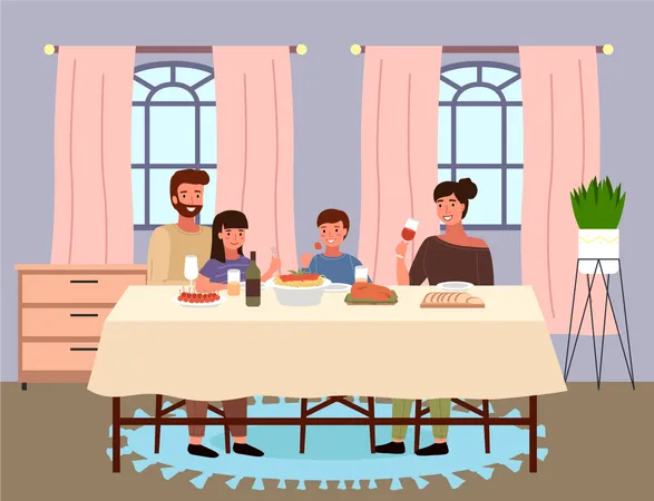 Família comendo comida italiana juntos em casa  Ilustração