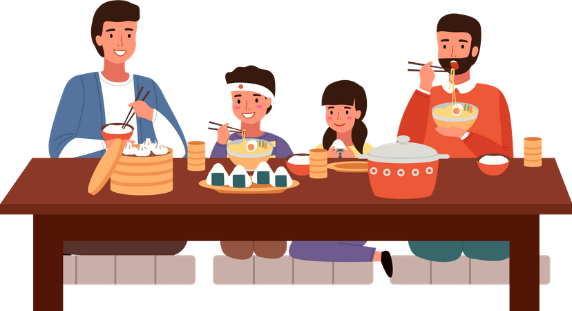 Família comendo comida japonesa em casa  Ilustração