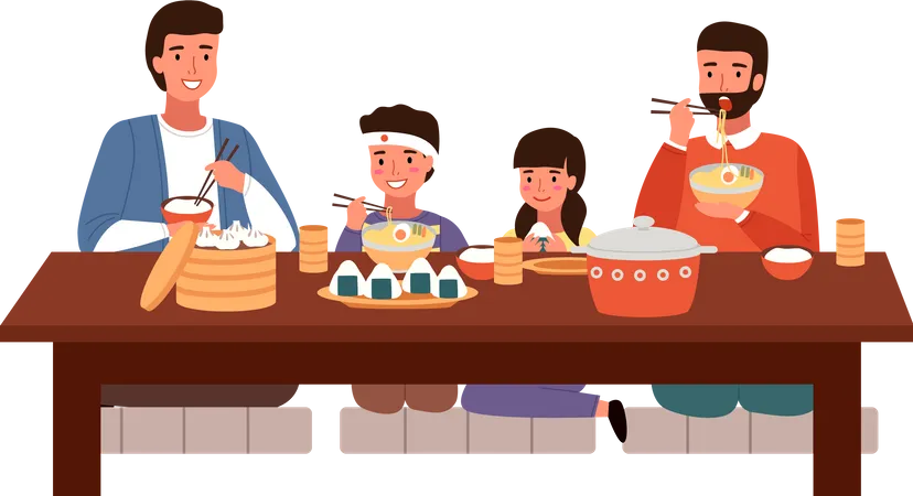 Família comendo comida japonesa em casa  Ilustração