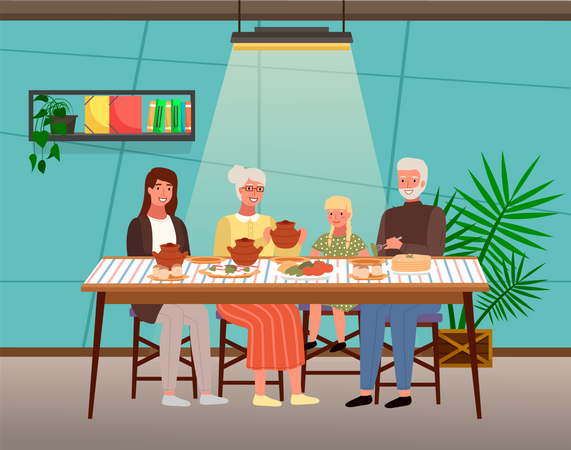 Família comendo comida russa em casa  Ilustração